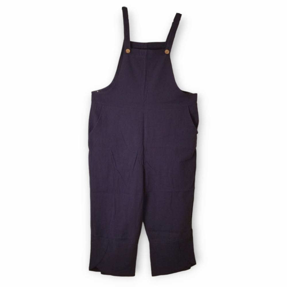 Linen Navy Blue Cropped Overalls, Medium